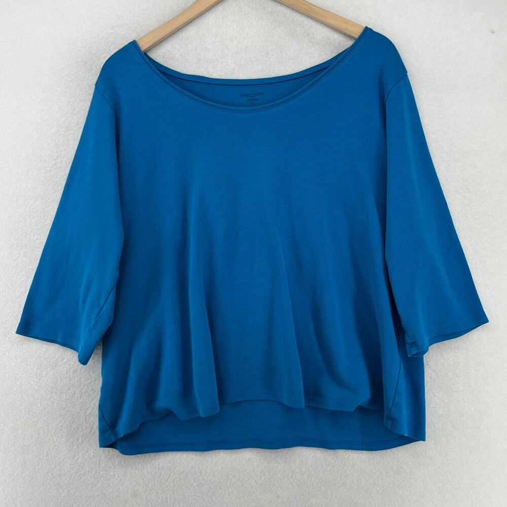 EILEEN FISHER Top 2X Organic Cotton Interlock Jersey Scoop Neck 3/4 Sleeve Blue